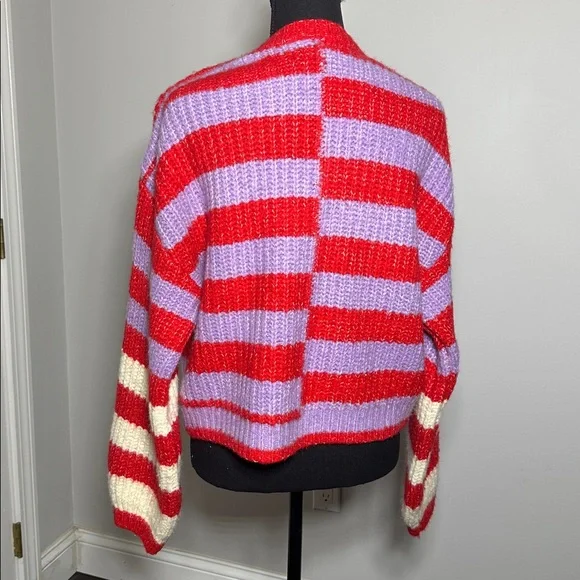 BLANKNYC Good Mood Striped Sweater Small Red Purple Cream Chunky Knit Oversized - Picture 7 of 9